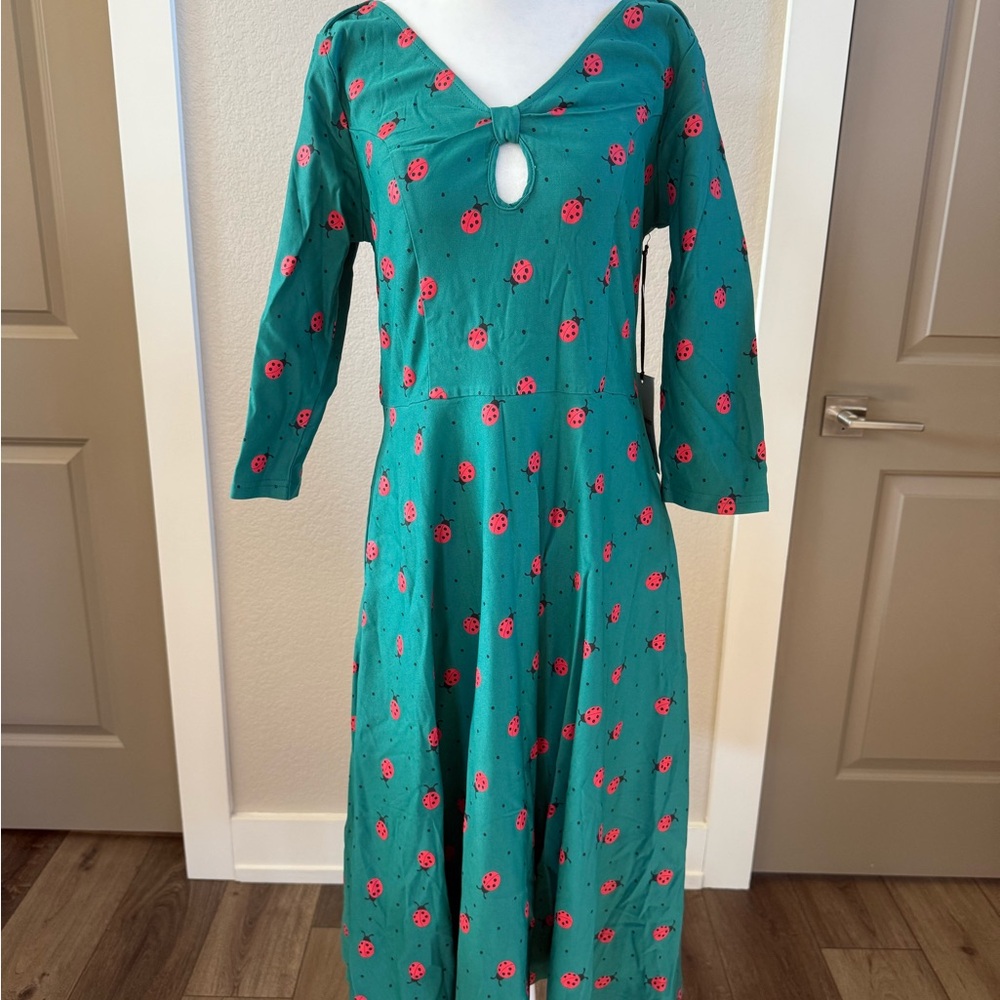 Unique Vintage Teal Ladybug Print Midi Dress size Large